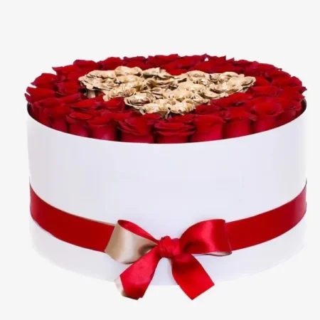 Deluxe White Box | Red & 24K Gold Roses | Heart