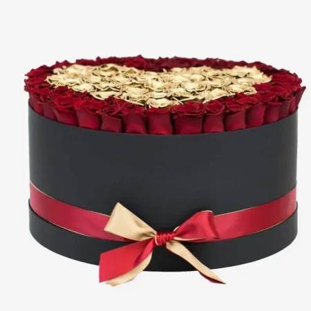 Deluxe Black Box | Red & Gold Roses | Heart