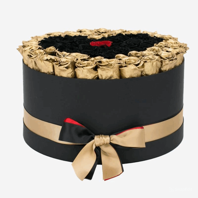 Deluxe Black Box | 24K Gold & Black & Red Roses | Heart